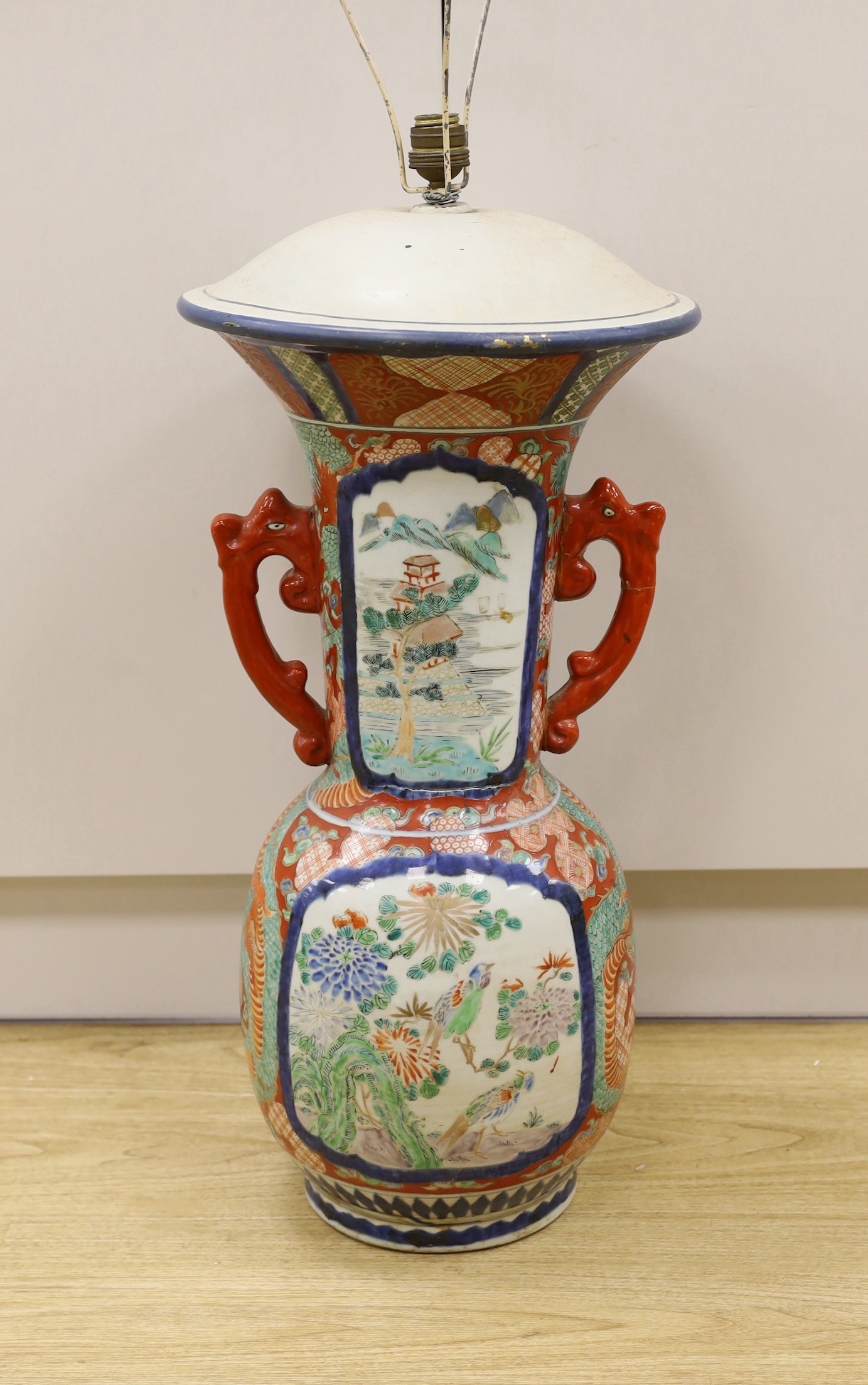 A large Japanese vase converted to a lamp, 66 cms high